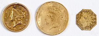 One dollar gold coin, 1849, jewelry piece, together with a gold dollar, type 3, damaged