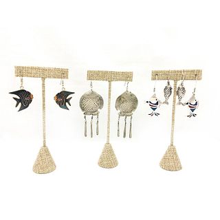 FOUR PAIRS SILVER AND PLATED EARRINGS, FISH DESIGNS