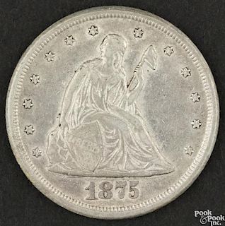Seated Liberty twenty cent coin, 1875 CC, F details, cleaned.