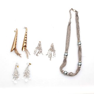 RHINESTONE SILVER PLATED NECKLACE AND 3 PAIRS EARRINGS
