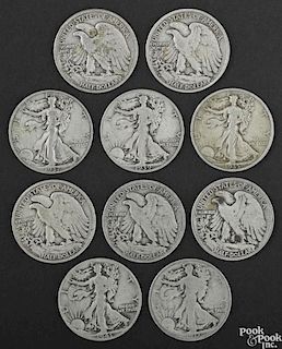 Ten Walking Liberty half dollars, to include a 1917, 1935, 1937, 1939, 1940 S, two 1941, two 1943 D