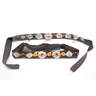 2 CLOTH BELTS WITH INDIAN STONES, BEADS AND METAL DESIGNS