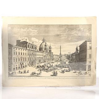 REPRODUCTION PRINT, ARCHAIC DRAWING, PIAZZA NAVONA, ROME