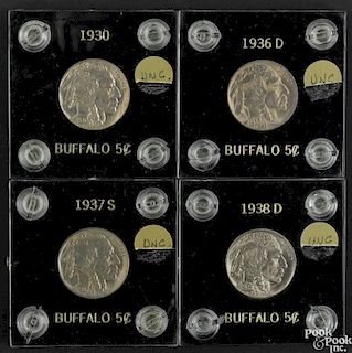Four Buffalo nickels, to include a 1930, 1936 D, 1937 S, and a 1938 D, brilliant uncirculated.