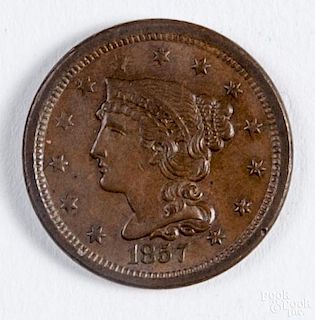 Braided Hair large cent, 1857, AU.