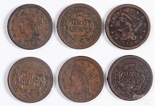 Six Braided Hair large cents, to include four 1848 and two 1849, VG-VF.