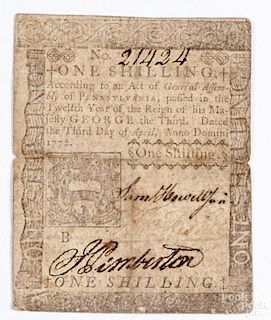 Colonial currency, Pennsylvania one-shilling note, dated April 3, 1772, VG-F.