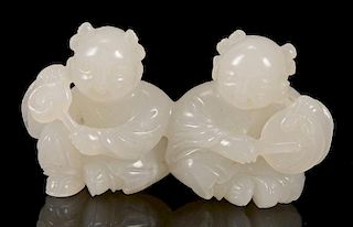 Chinese White Jade Figural Group, 2 boys