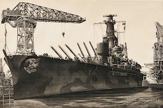 John Taylor Arms (American, 1887-1953) Battle Wagon - U.S.S. Alabama Outfitting at Norfolk Navy Yard, Crane Ship Kearsage Alongside, 19