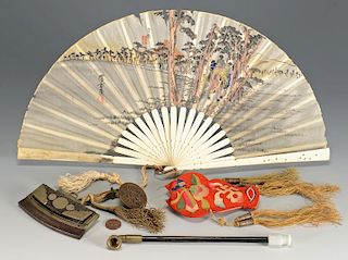 Group of 4 Asian items inc. pipe, fan