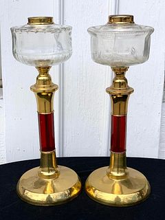 Near Pair English Brass and Glass Banquet Lamps, c.1890