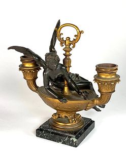 French Empire Figural Bronze Two Light Chamberstick, 19thc.