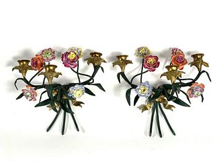 A Pair of Tole Peinte and Porcelain Flower Wall Sconces