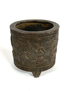 Chinese Bronze Relief Decorated Censer or Brush Pot