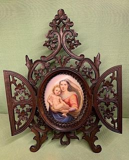 Hand Painted Porcelain Plaque in Hand Carved Frame, 19thc.