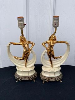 Pair Art Deco Style Ceramic Boudoir Lamps