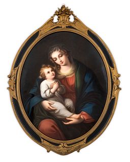 A German Porcelain Oval Plaque Depicting the Madonna and Child
Dimensions of plaque 16 3/4 x 13 1/2 inches.