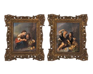 A Pair of Berlin Porcelain Plaques: The Little Fruit Seller and Boys Eating Grapes and Mellon
