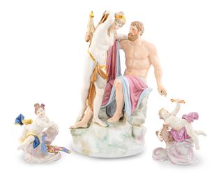 A Berlin Porcelain Group Depicting Diana the Huntress
Heights 12, 5 and 4 1/2 inches; widths 8, 4 1/2 and 4 1/2 inches.