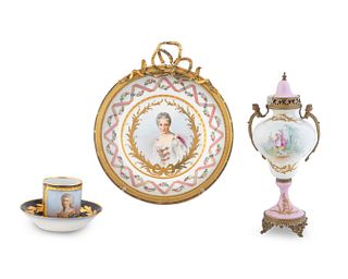 Three Sevres Style Porcelain Table Articles
Diameter of plate 10 inches; height of cup 2 3/4 inches; height of vase 10 1/2 inches.