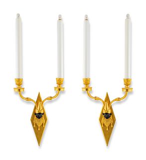 A Pair of Gilt Bronze and Ebonized Two- Light Wall Sconces
Height 12 x width 8 2/4 inches.