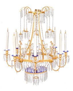 An Empire Style Eight-Light Gilt Metal and Cut Crystal Tiered Chandelier
Height 32 x diameter 29 inches.