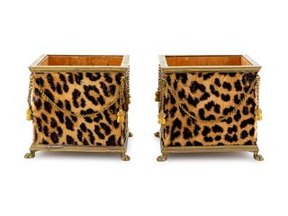 A Pair of Neoclassical Style Gilt Metal and Faux Leopard Cache Pots
Height 5 7/8 x width 6 1/4 x depth 6 1/4 inches.
