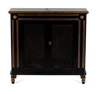 A Regency Style Ebonized and Gilt Decorated Low Side Cabinet
Height 34 7/8 x width 35 1/2 x depth 9 5/8 inches.