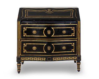 A Hollywood Regency Style Black and Gilt Painted Slant Front Desk
Height 40 1/2 x width 40 1/4 x depth 20 inches.