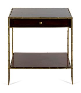 A Bronze and Mahogany Bamboo Framed Two Tier Side Table
Height 28 x width 24 7/8 x depth 15 1/4 inches.