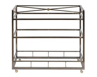 A Neoclassical Style Brass Mounted Steel Etagere
Height 34 3/4 x width 39 3/4 x depth 17 1/2 inches.