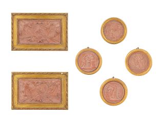 A Collection of Six Cast Resin Relief Decorated Plaques
Larger, Height 7 1/2 x width 13 3/4 inches.