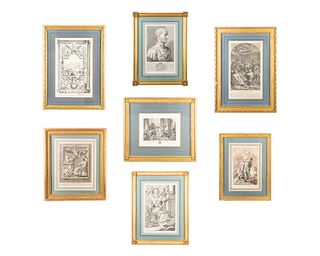 A Group of Seven French Gilt Framed Black and White Engravings
Largest frame, 25 1/2 x 18 3/4 inches.