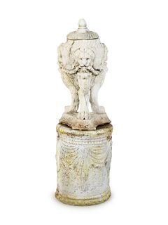 A Cast Resin Garden Seat and A Cast Stone Urn
Height of taller, 21 inches.