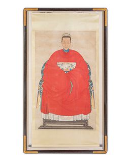 A Large Chinese Matriarch Ancestral Portrait
Dimensions of scroll 74 1/2 x 34 inches; framed dimensions 81 x 47 inches.