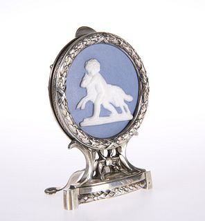 A FRENCH SILVER AND PORCELAIN MENU HOLDER
 by Risl