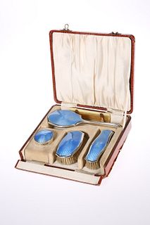 A GEORGE V SILVER AND BLUE ENAMEL DRESSING TABLE S