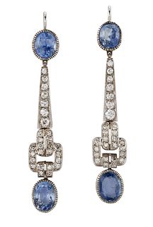 A PAIR OF SAPPHIRE AND DIAMOND PENDENT EARRINGS
 E