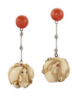 A PAIR OF CORAL AND DIAMOND DROP EARRINGS 
 Each s