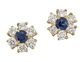 A PAIR OF SAPPHIRE AND DIAMOND CLUSTER EARRINGS
 E