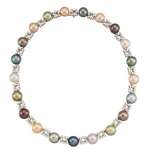 A CULTURED PEARL AND DIAMOND NECKLACE
 Alternately