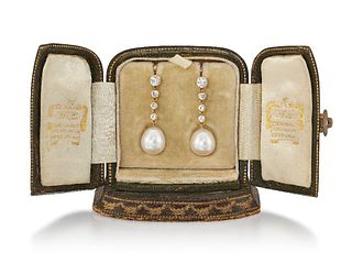 A PAIR OF CULTURED PEARL AND DIAMOND EARRINGS
 Eac