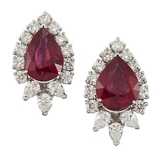 A PAIR OF RUBY AND DIAMOND EARRINGS
 Each claw-set