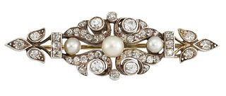 A DIAMOND AND CULTURED PEARL BROOCH
 Of scrolling 