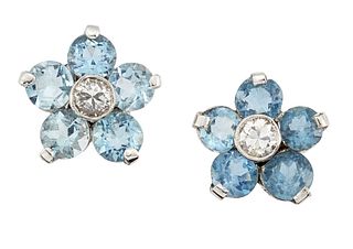 A PAIR OF AQUAMARINE AND DIAMOND CLUSTER EARRINGS
