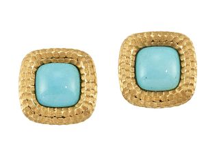 A PAIR OF TURQUOISE-SET EARRINGS
 Each square-shap