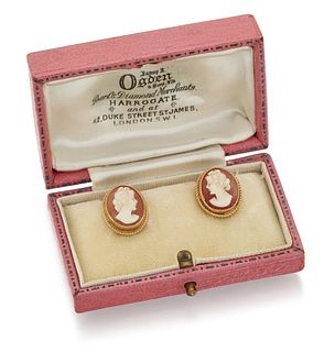 A PAIR OF SHELL CAMEO EARRINGS 
 Each oval plaque,