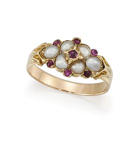 A HALF PEARL AND RUBY RING
 Formed from a cluster 