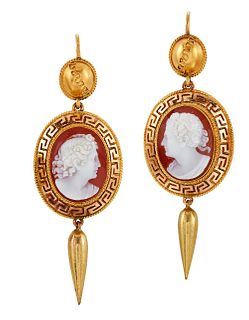 A PAIR OF LATE 19TH CENTURY HARDSTONE CAMEO EARRIN