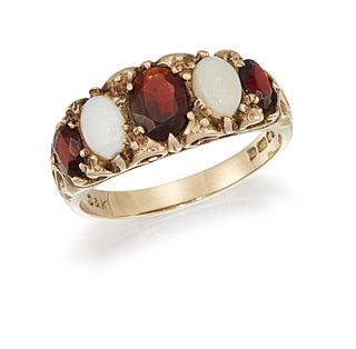 AN OPAL AND GARNET FIVE-STONE RING
 The scrolling 